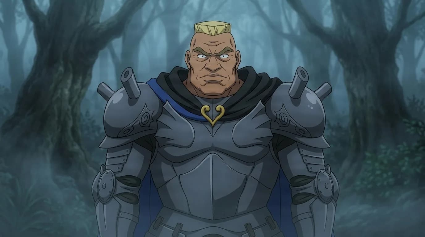Adon Coborlwitz, a blond flat-topped soldier in heavy grey plate armor and a black cape, scowling in a misty forest