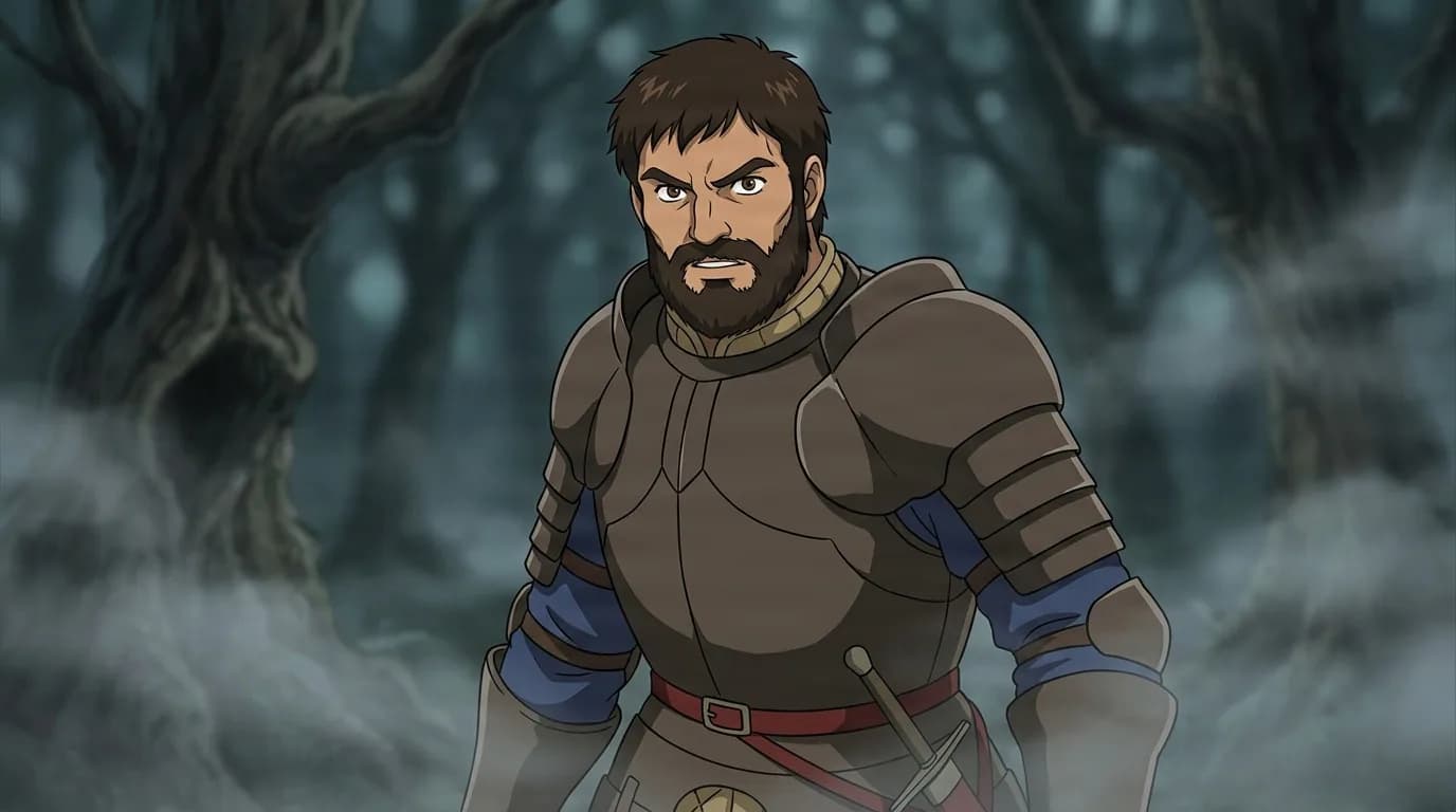 Aide, a bearded man in brown plate armor with blue sleeves, gripping a sword hilt in a misty dark forest