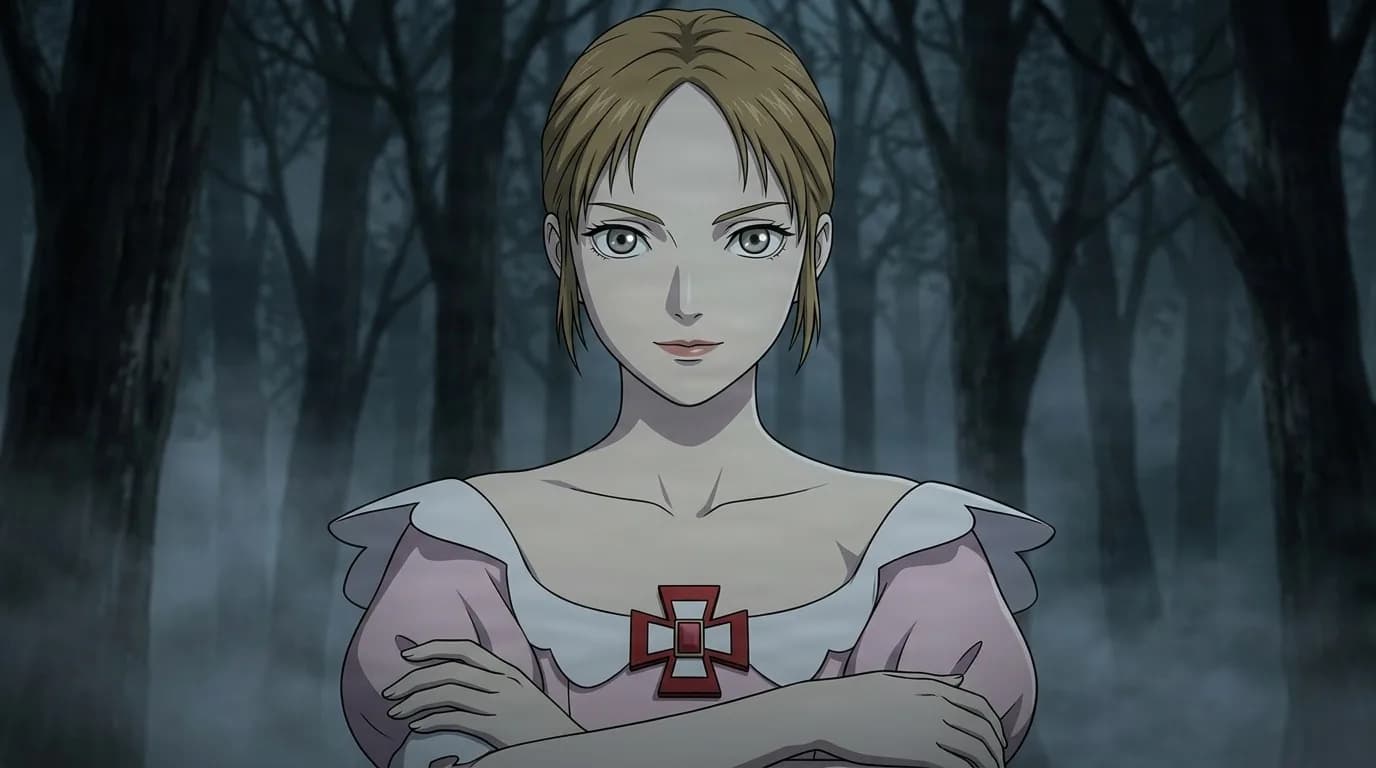 Annette with short blonde hair and folded arms, wearing a pink and white dress with a red cross brooch, standing in a misty bare forest.