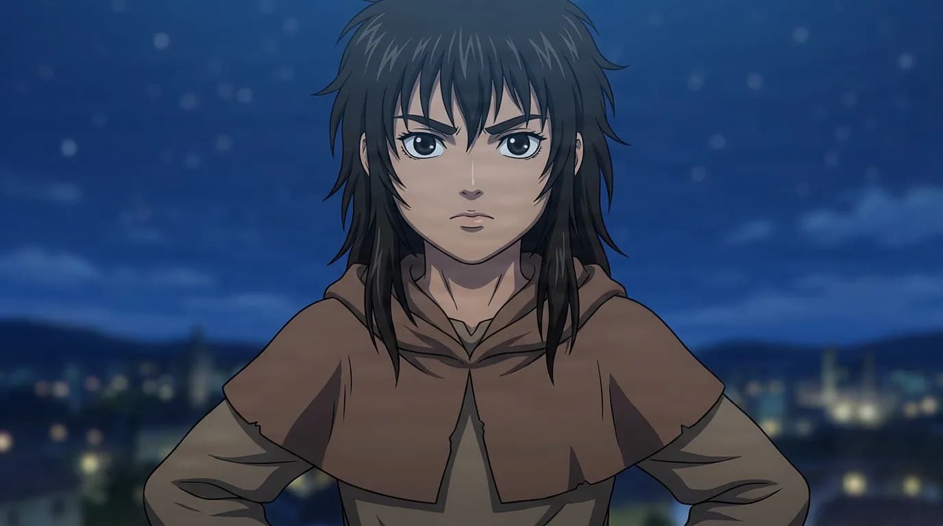 Casca, a dark-haired young woman in a brown hooded cloak, stands with hands on hips against a starry night sky over a town.