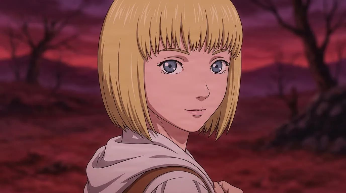 Collette glancing over her shoulder with a soft smile, blonde bob and pale hooded cloak, bare trees on a crimson dusk plain