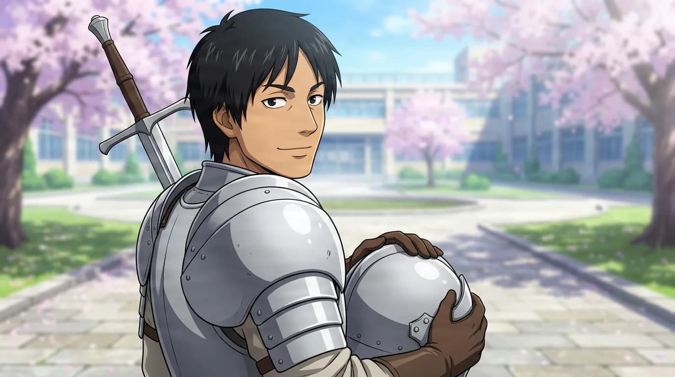 Corkus, a black-haired man in steel plate armor, holds his helmet under one arm on a cherry-blossom-lined path.
