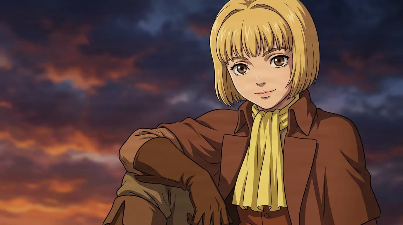 Farnese de Vandimion, a blonde bob-haired woman in a brown coat and yellow scarf, sits smiling under a fiery sunset sky.