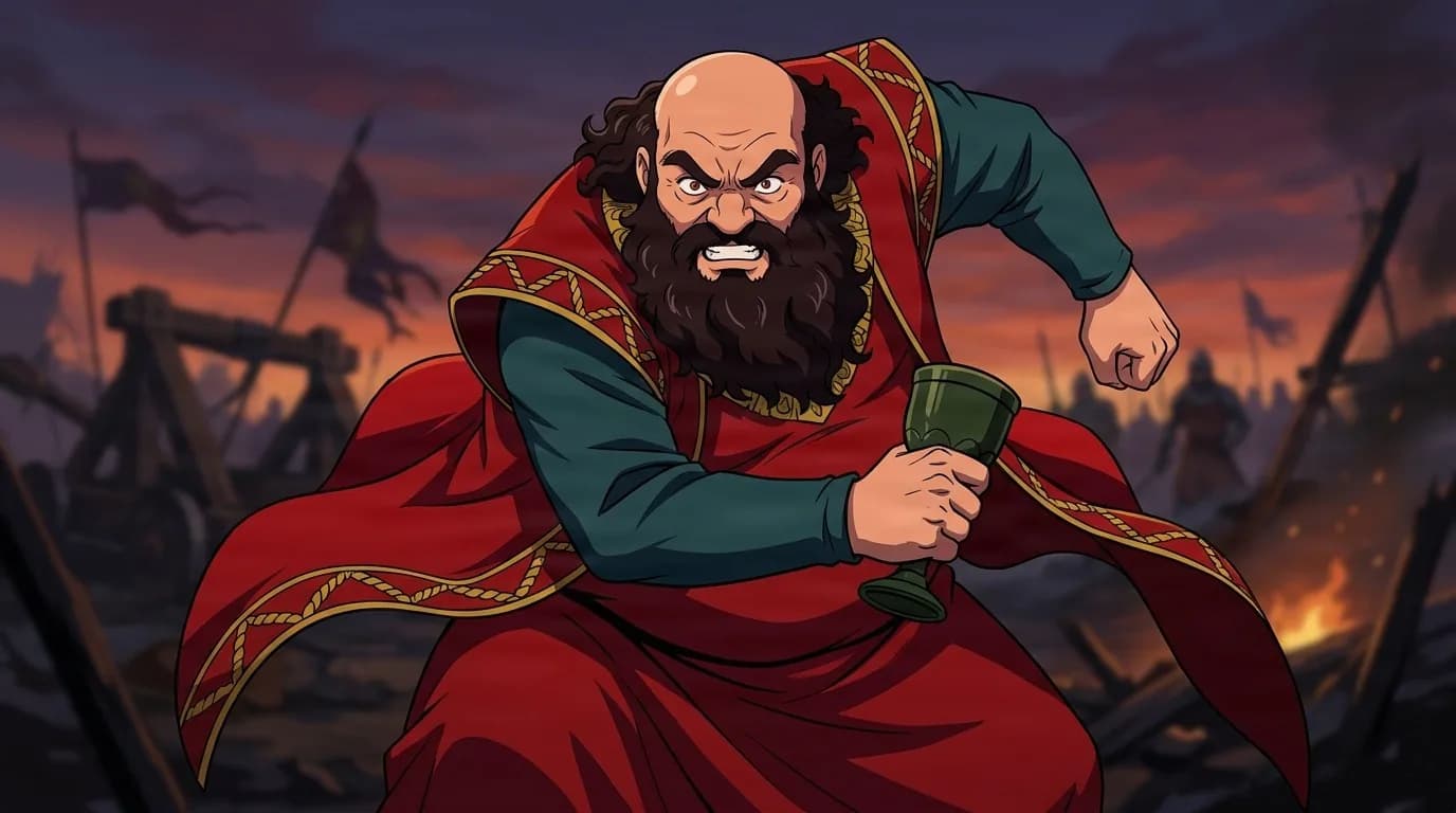 Gennon snarling on a dusk battlefield, a heavyset bald man with a long dark beard in red and gold robes, gripping a green goblet