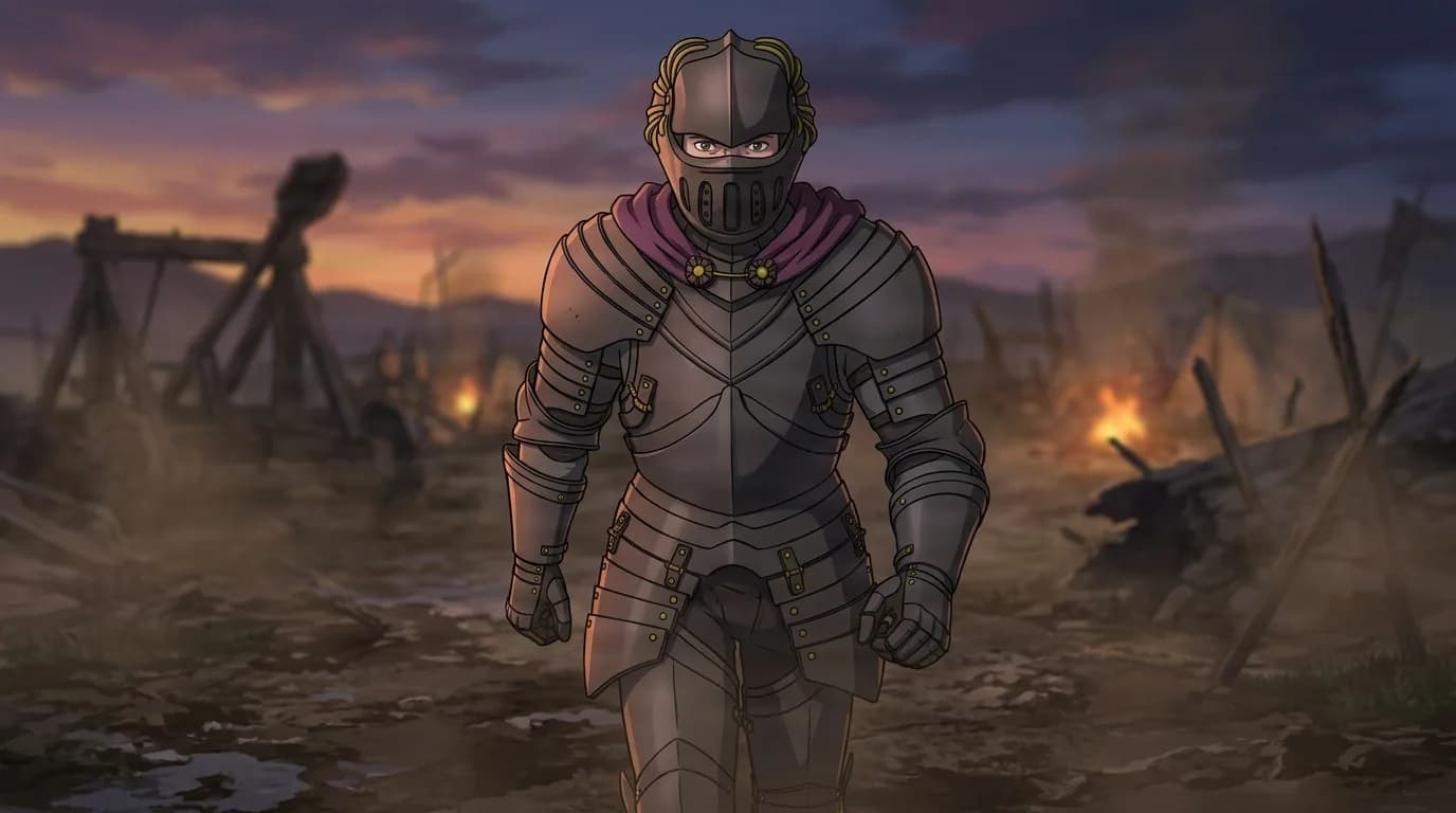Gien, a knight in full plate armor and a purple-trimmed helm, standing on a smoke-hazed battlefield at dusk