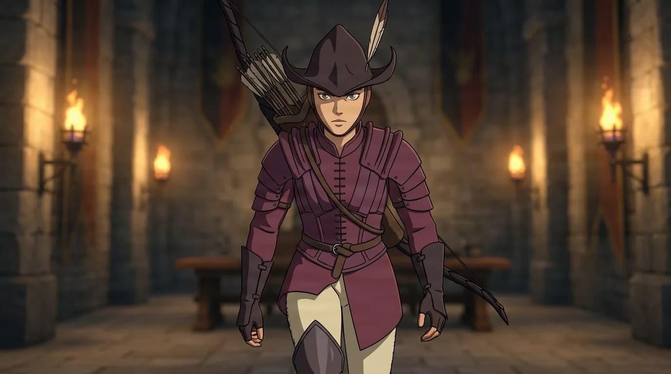 Irvine, an archer in maroon armor and a plumed hat with a quiver, walks through a torch-lit stone hall.