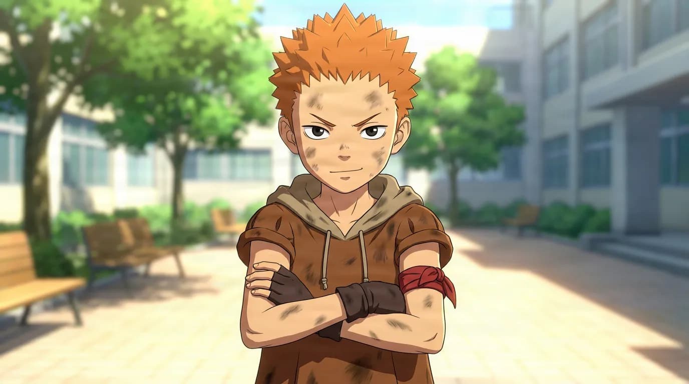 Isidro, a boy with spiky orange hair and dirt-smudged skin, stands with arms crossed in a brown hooded shirt in a sunlit courtyard.