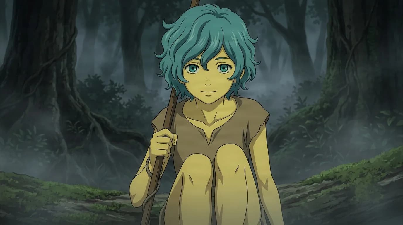 Isma, a teal-haired youth in a ragged tunic, crouches holding a staff in a dark misty forest.
