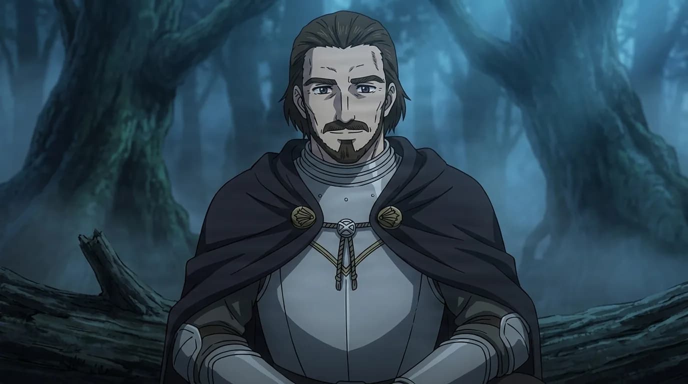 Laban in polished plate armor and a dark cloak, mustached and calm, standing among twisted trees in a misty blue forest.