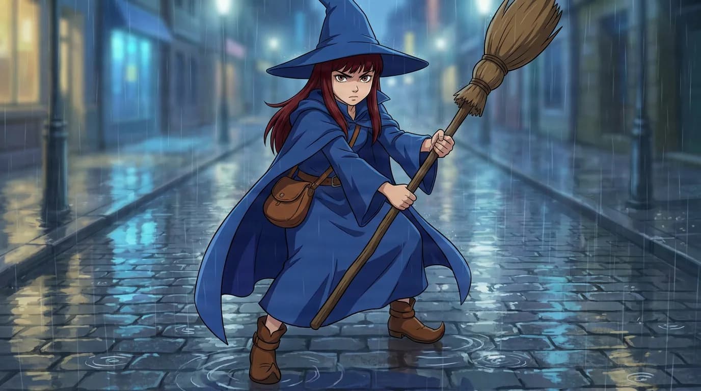 Molda, a red-haired girl in a blue witch hat and cloak, crouches with a broom on a rain-slicked cobblestone street.