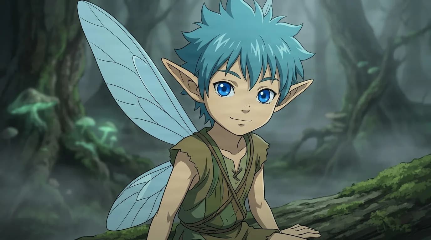 Puck, a small blue-haired elf with translucent wings, sits smiling on a mossy log in a misty forest.
