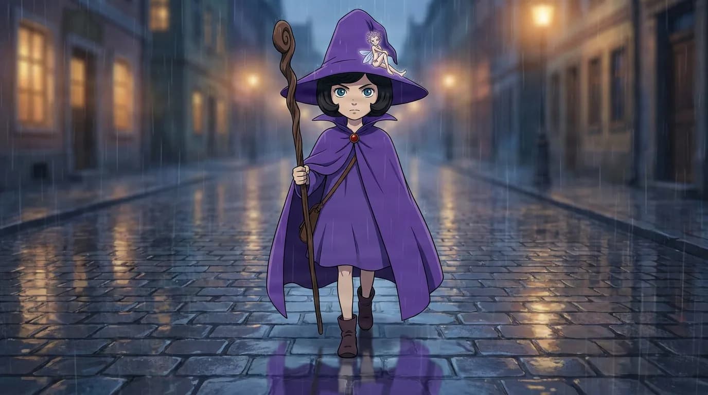 Schierke, a small girl in a purple witch hat and cloak, holds a wooden staff while walking down a rainy cobblestone street.