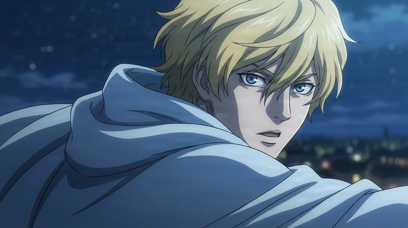 Serpico, a blond young man in a pale hooded cloak, glances back over his shoulder under a starry night sky above a lit town.