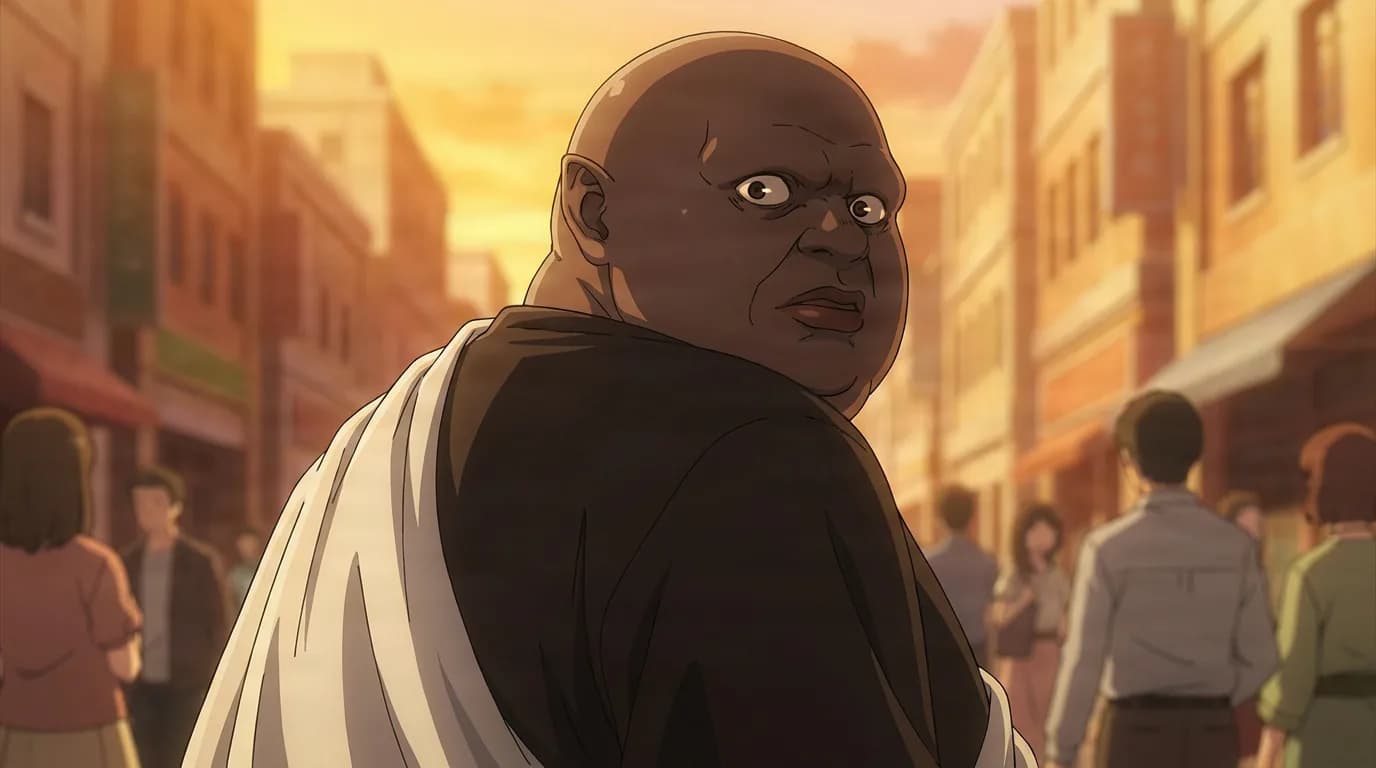 The Count, a large bald dark-skinned man in a cloak, glances back over his shoulder on a crowded sunset street.