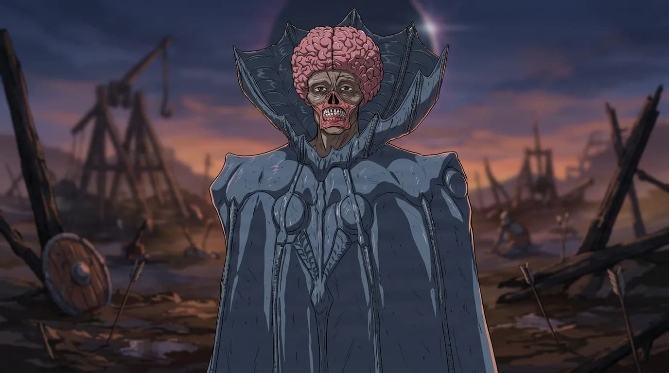 Void standing on a ruined battlefield under an eclipse, exposed brain above a skull like face, blue grey robe with a winged collar