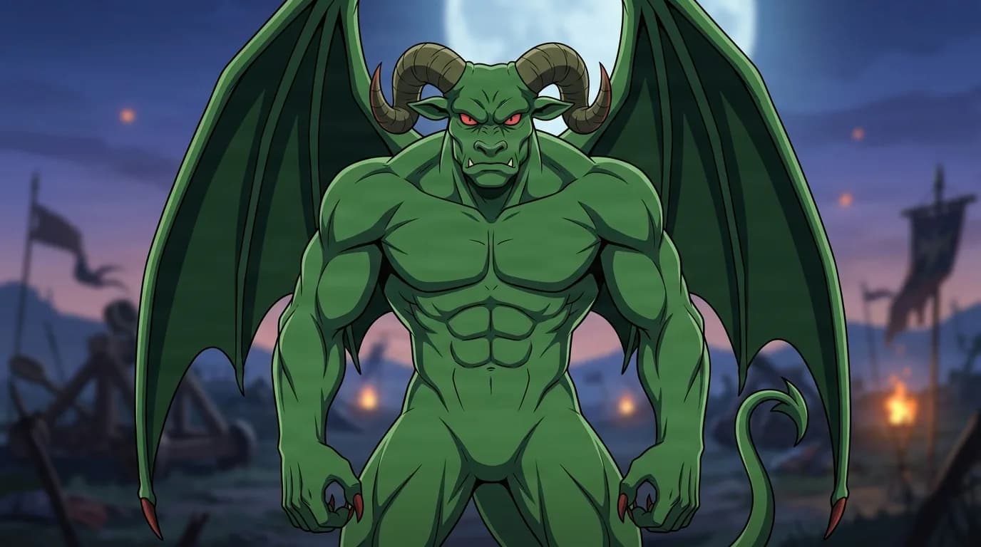 Zodd, a towering green horned demon with bat wings, stands menacingly on a moonlit battlefield.