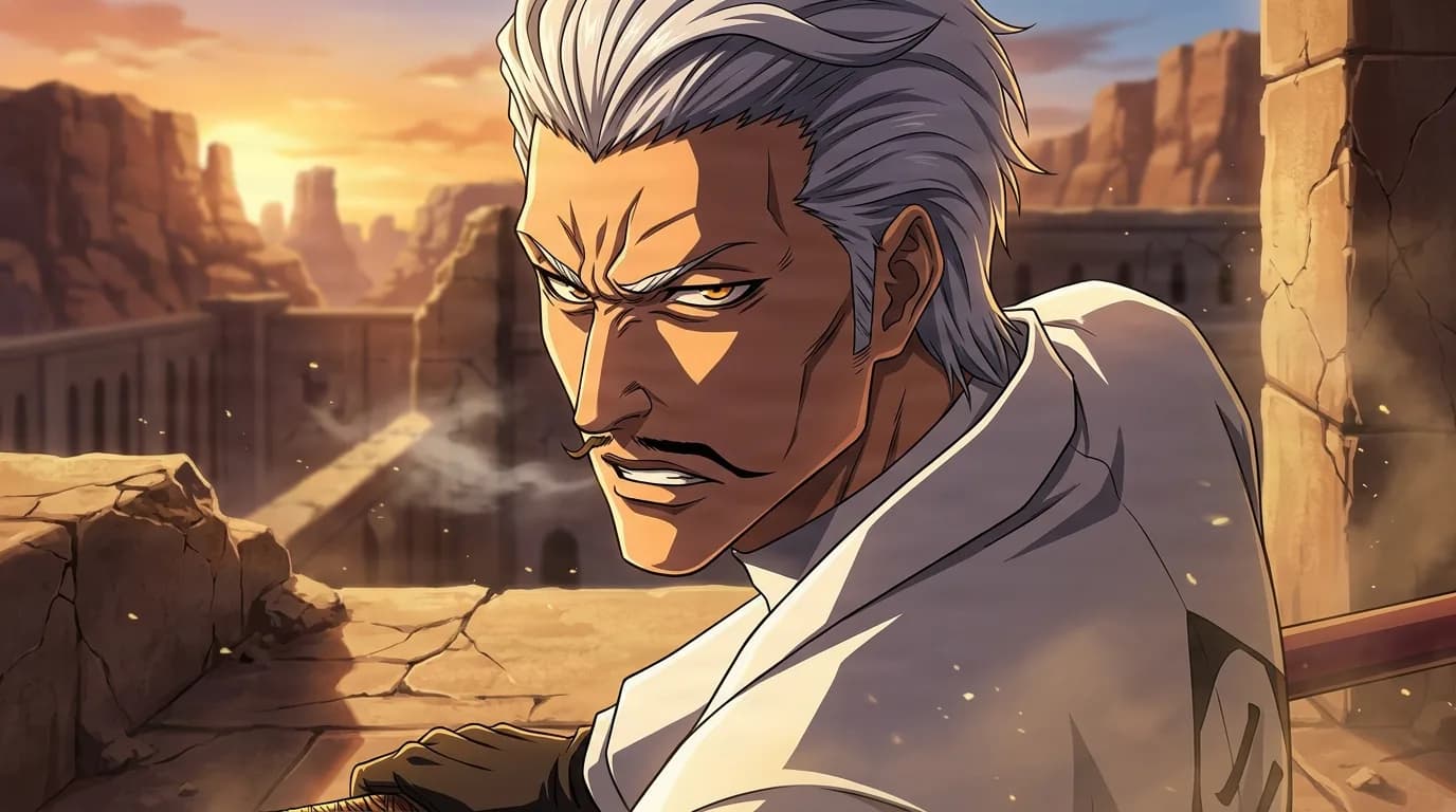 Chōjirō Sasakibe from Bleach in a close-framed cel-shaded anime scene with a detailed environment