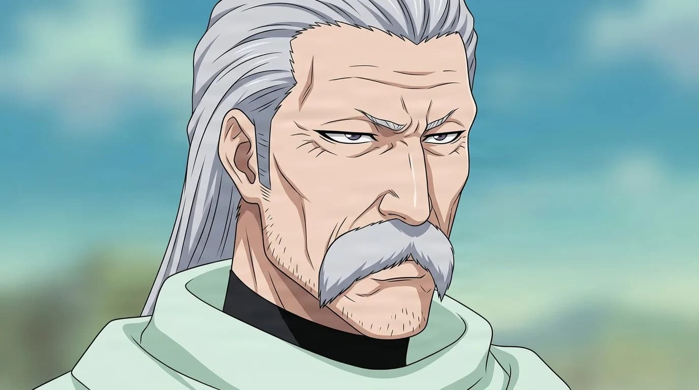 詳細な背景を持つクローズアップされたセルルックアニメシーンに描かれたBLEACHの朽木銀嶺