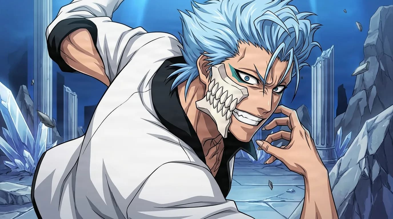 Grimmjow Jaegerjaquez from Bleach in a close-framed cel-shaded anime scene with a detailed environment