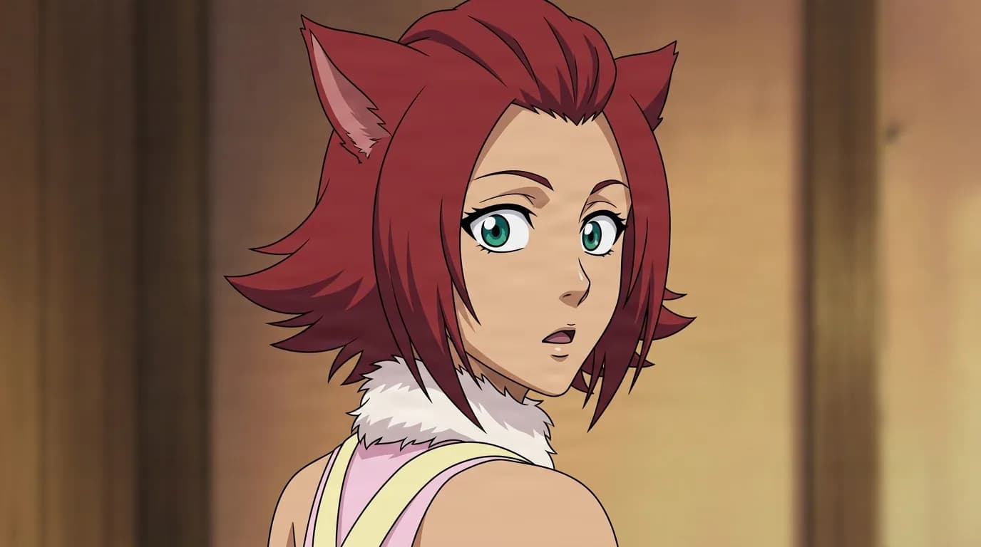 詳細な背景が描かれた、セル画調アニメのクローズアップシーンにおけるBLEACHの灰猫（斬魄刀の精霊）