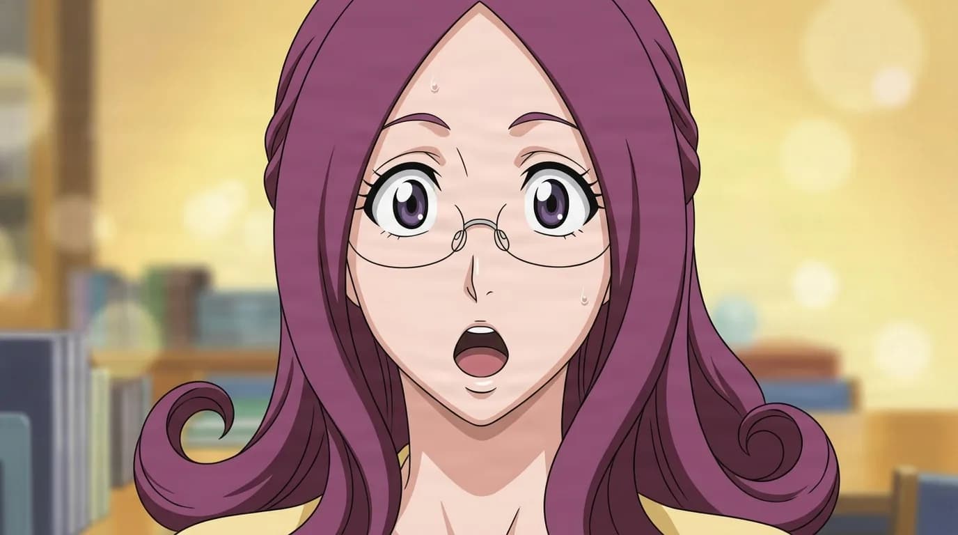 Haruko from Bleach in a close-framed cel-shaded anime scene with a detailed environment