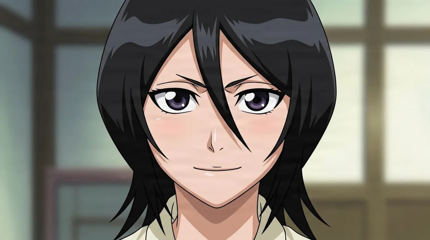 Hisana Kuchiki from Bleach in a close-framed cel-shaded anime scene with a detailed environment