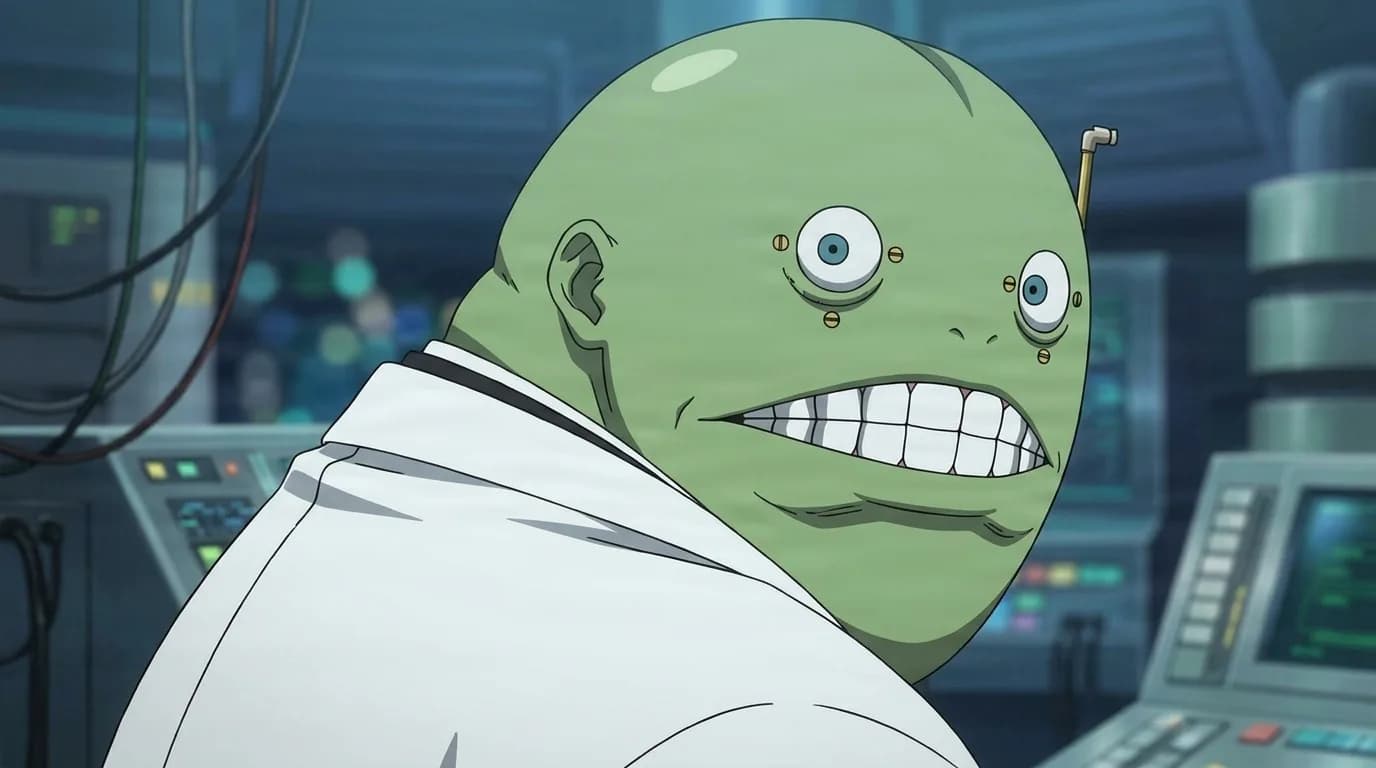 Hiyosu, a green skinned scientist with bolted eye implants and a wide toothy grin, glancing back inside a dim laboratory