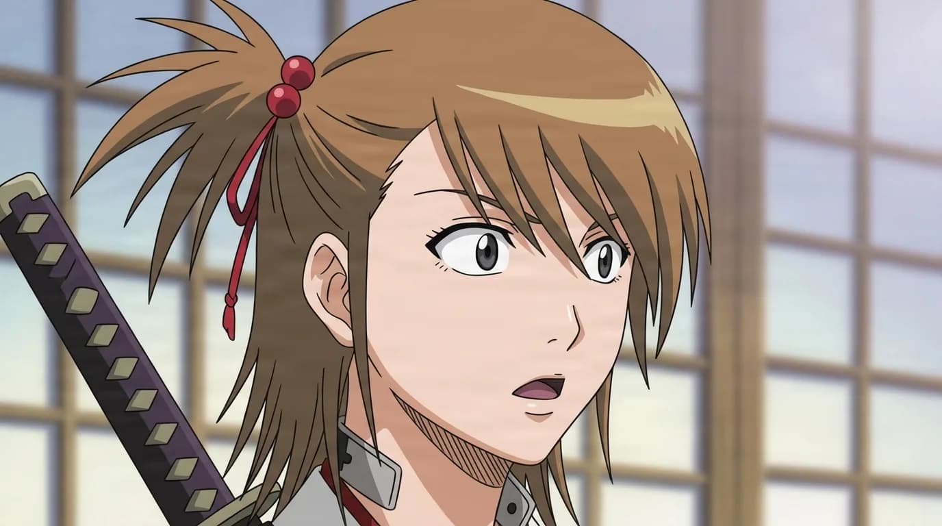 Hotaru Kanisawa from Bleach in a close-framed cel-shaded anime scene with a detailed environment