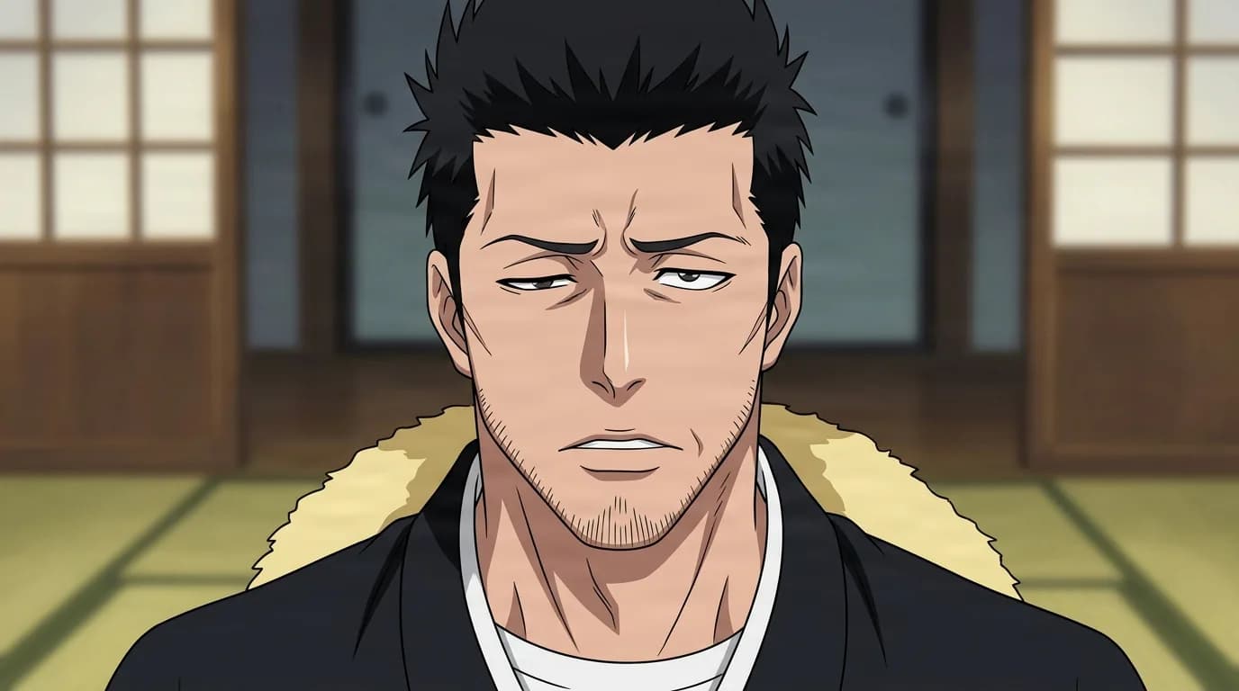 Isshin Kurosaki from Bleach in a close-framed cel-shaded anime scene with a detailed environment