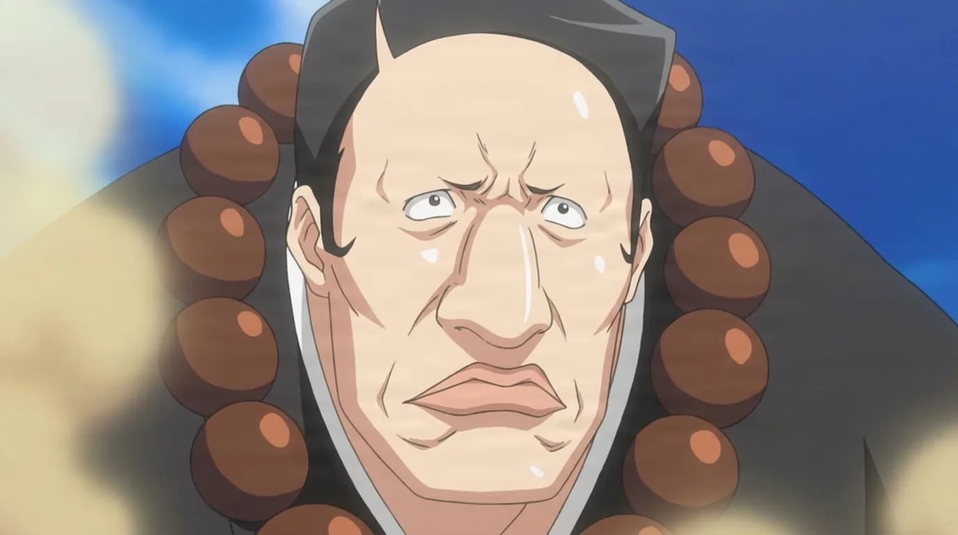 Jirōbō Ikkanzaka from Bleach in a close-framed cel-shaded anime scene with a detailed environment