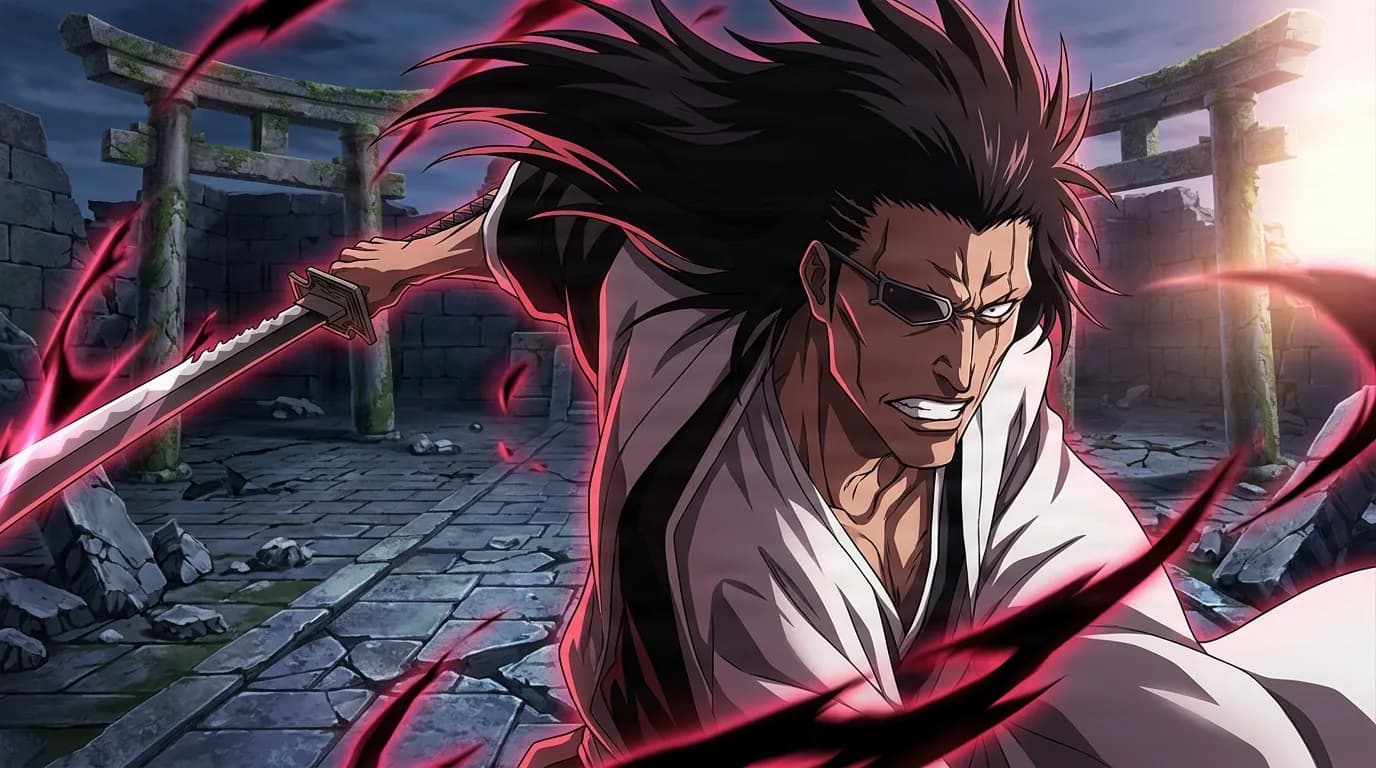 Kenpachi Zaraki from Bleach in a close-framed cel-shaded anime scene with a detailed environment