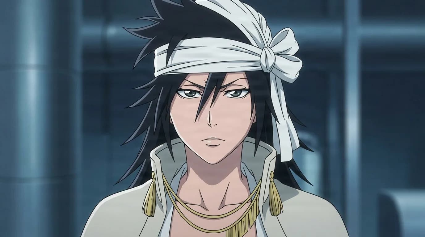 詳細な背景が描かれたセル画風アニメのクローズアップシーンに登場する『BLEACH』の志波空鶴