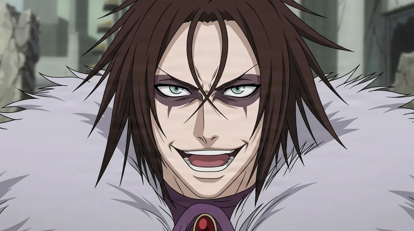 詳細な背景が描かれたクローズアップのセル画調アニメシーンに登場する『BLEACH』の村正(斬魄刀の精霊)