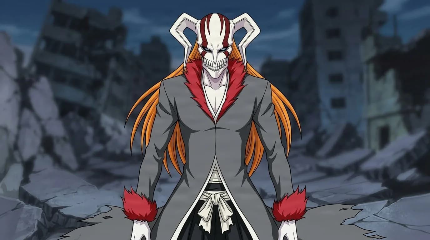 Resurreccion, a horned white Hollow mask over long orange hair and a red fur trimmed grey coat, standing in a ruined city at night