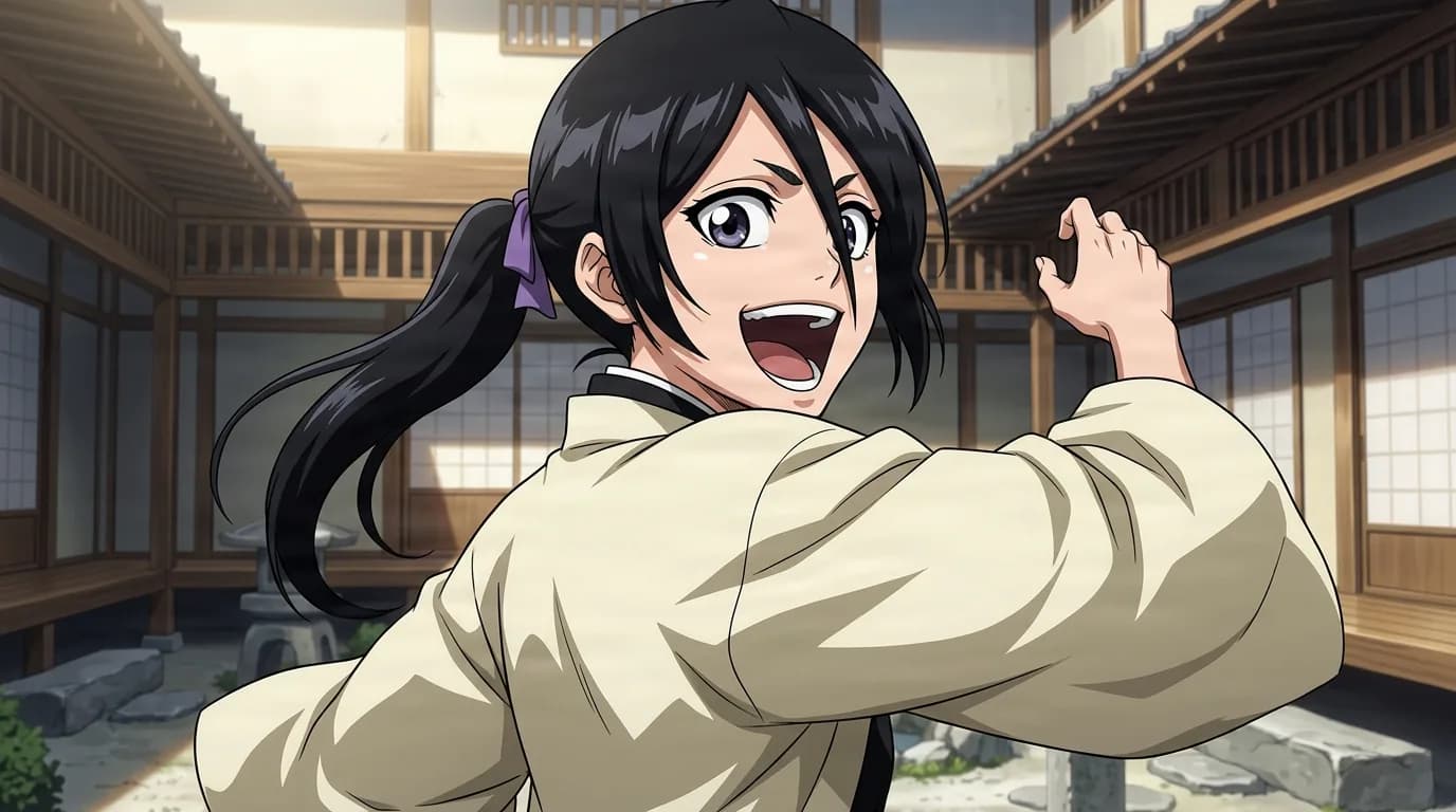 Rukia Kuchiki from Bleach in a close-framed cel-shaded anime scene with a detailed environment