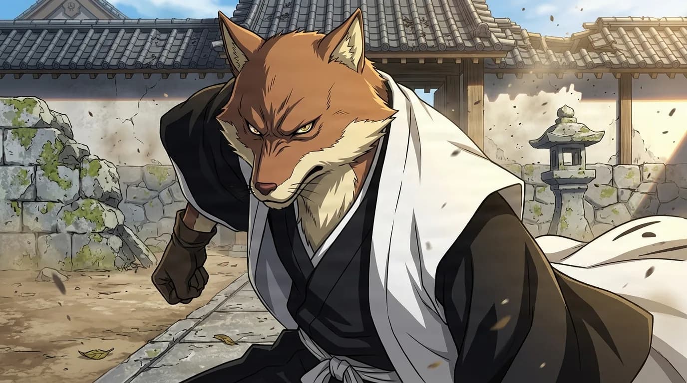 Sajin Komamura from Bleach in a close-framed cel-shaded anime scene with a detailed environment