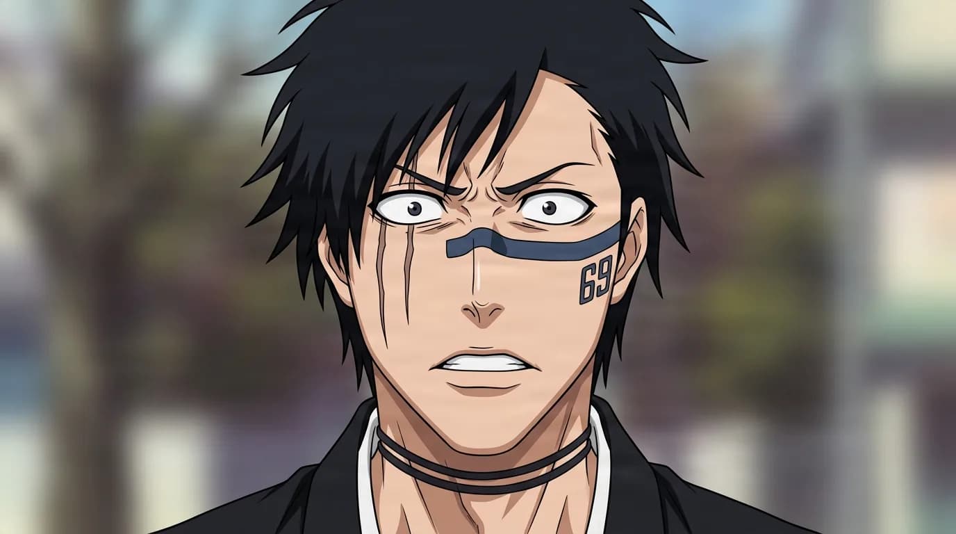 Shūhei Hisagi from Bleach in a close-framed cel-shaded anime scene with a detailed environment