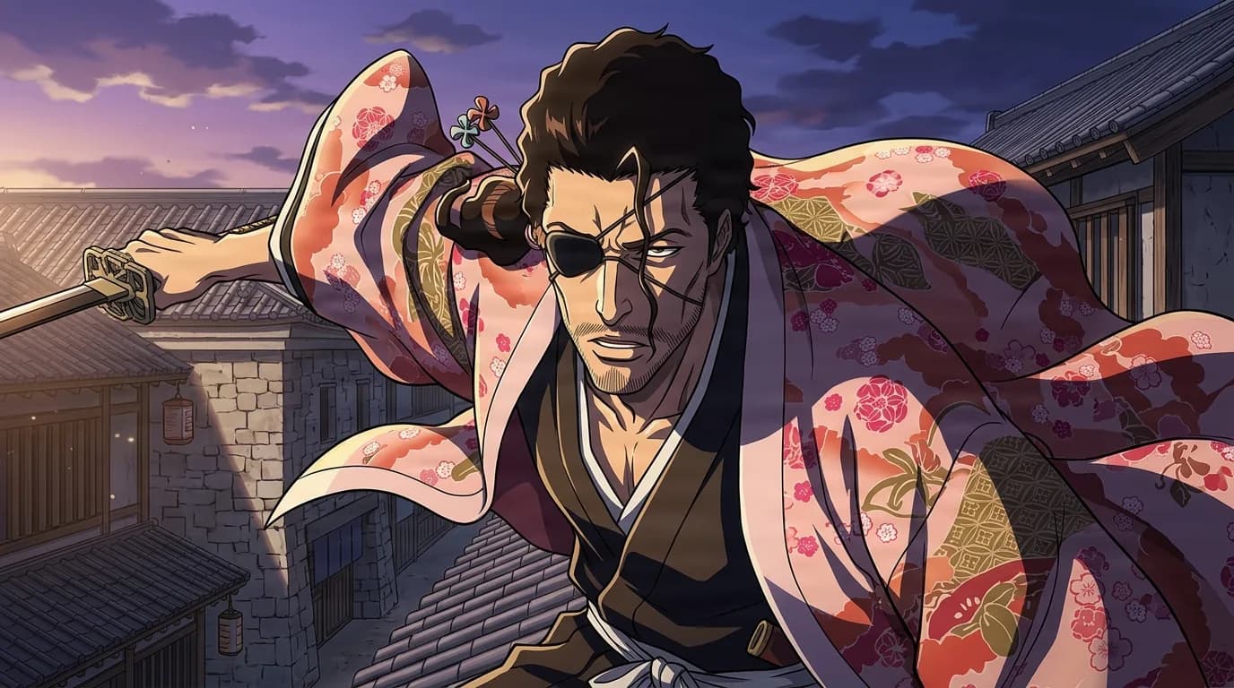 Shunsui Kyōraku from Bleach in a close-framed cel-shaded anime scene with a detailed environment