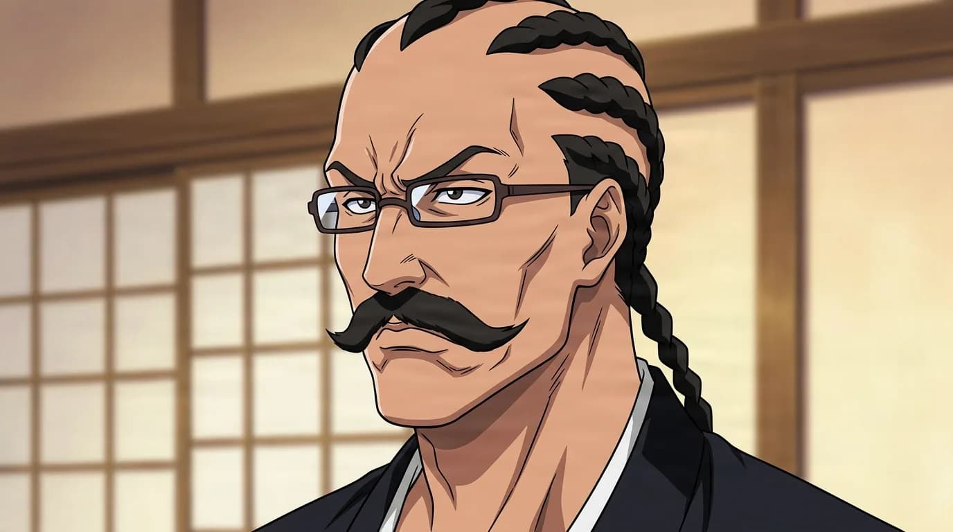 Tessai Tsukabishi from Bleach in a close-framed cel-shaded anime scene with a detailed environment