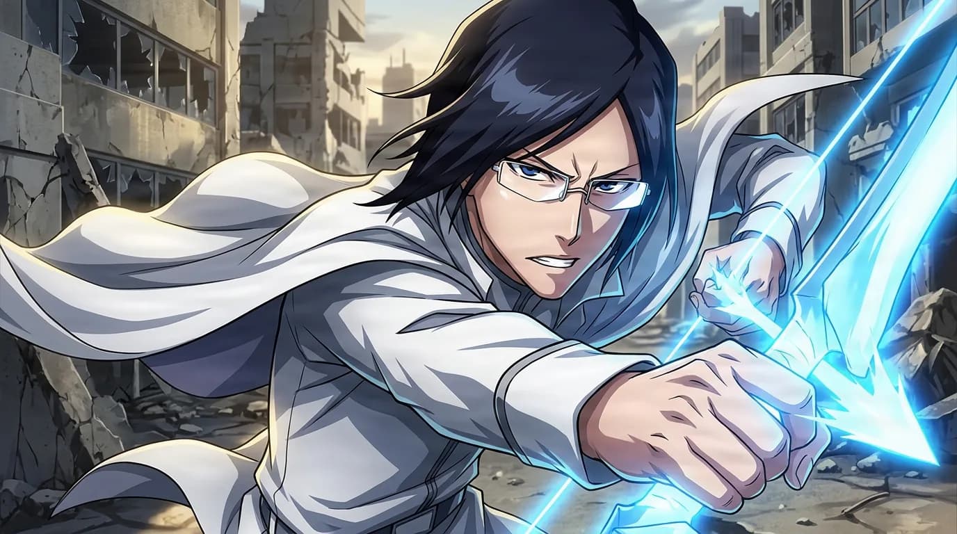 Uryū Ishida from Bleach in a close-framed cel-shaded anime scene with a detailed environment