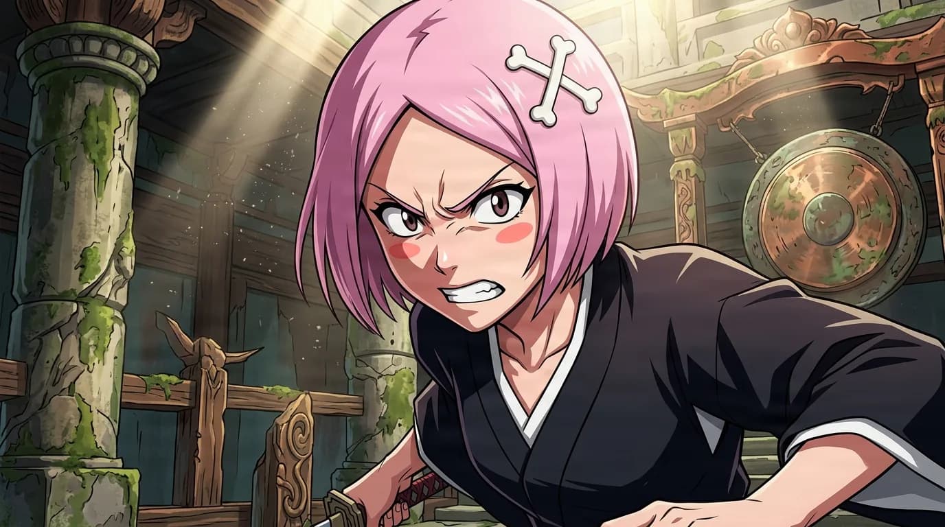 Yachiru Kusajishi from Bleach in a close-framed cel-shaded anime scene with a detailed environment