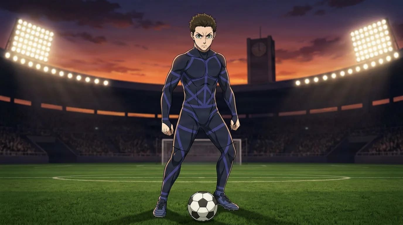 Anime-style portrait of Aoshi Tokimitsu from Blue Lock, cel-shaded, soccer atmosphere