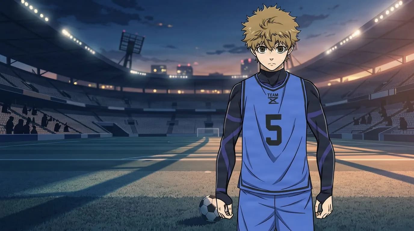 Anime-style portrait of Asahi Naruhaya from Blue Lock, cel-shaded, soccer atmosphere