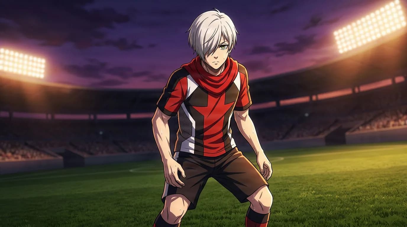 Anime-style portrait of Ashime Suzuki from Blue Lock, cel-shaded, soccer atmosphere