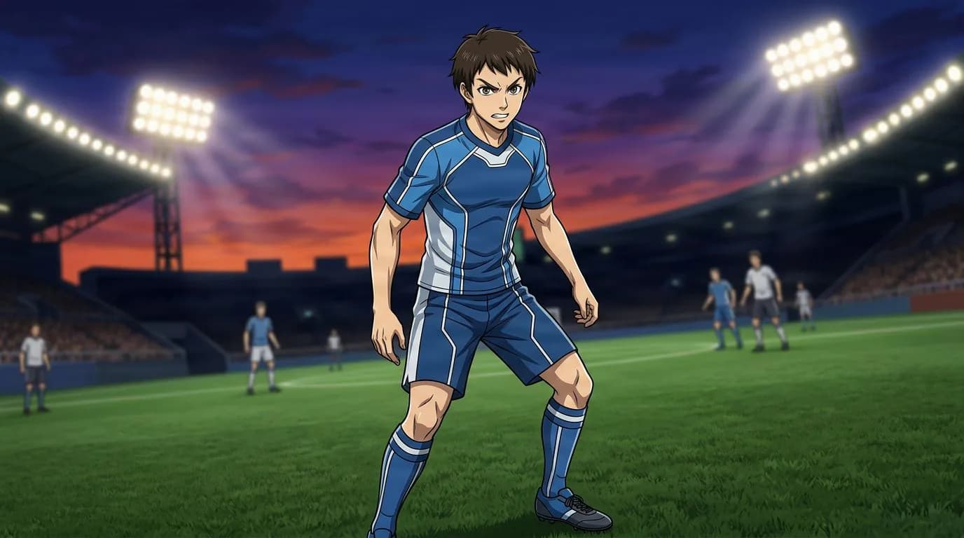 Anime-style portrait of Atsuto Tereasa from Blue Lock, cel-shaded, soccer atmosphere