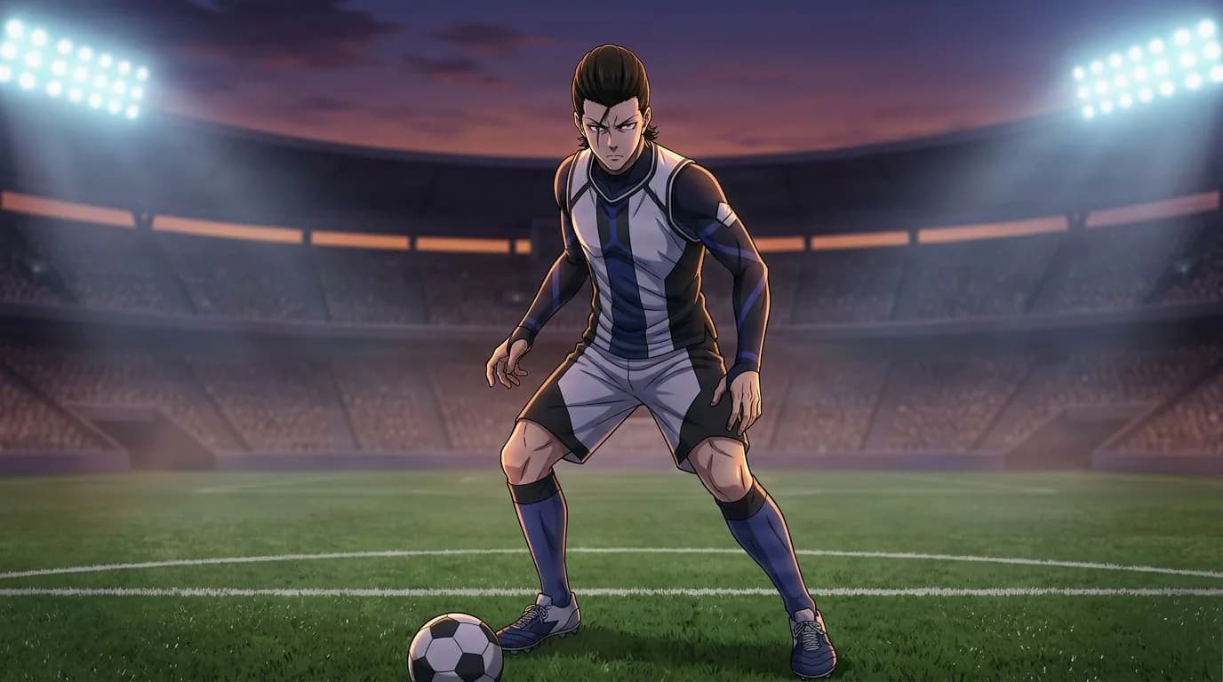 Anime-style portrait of Burai Daido from Blue Lock, cel-shaded, soccer atmosphere