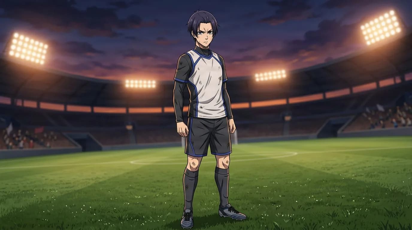 Anime-style portrait of Daiya Morinaga from Blue Lock, cel-shaded, soccer atmosphere