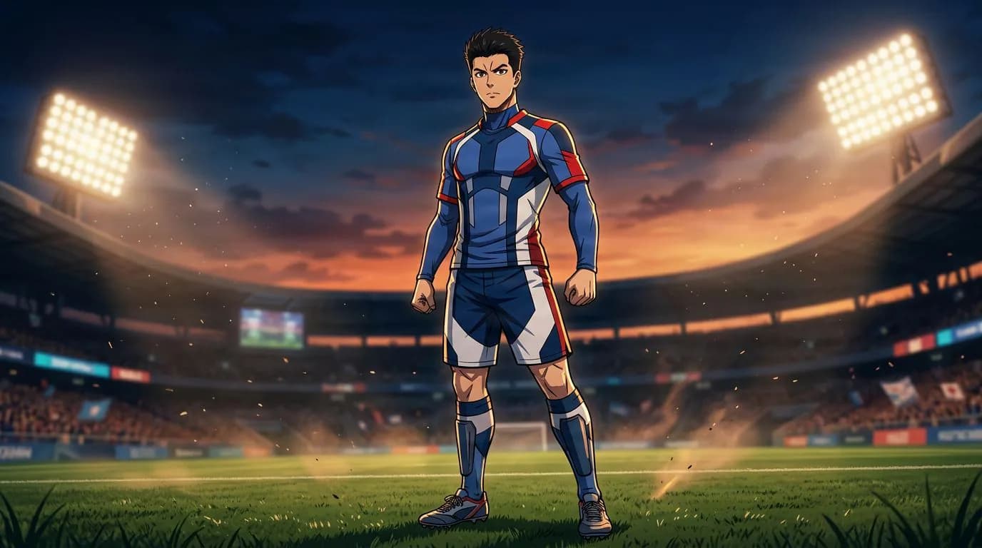 Anime-style portrait of Fuma Rokkaku from Blue Lock, cel-shaded, soccer atmosphere