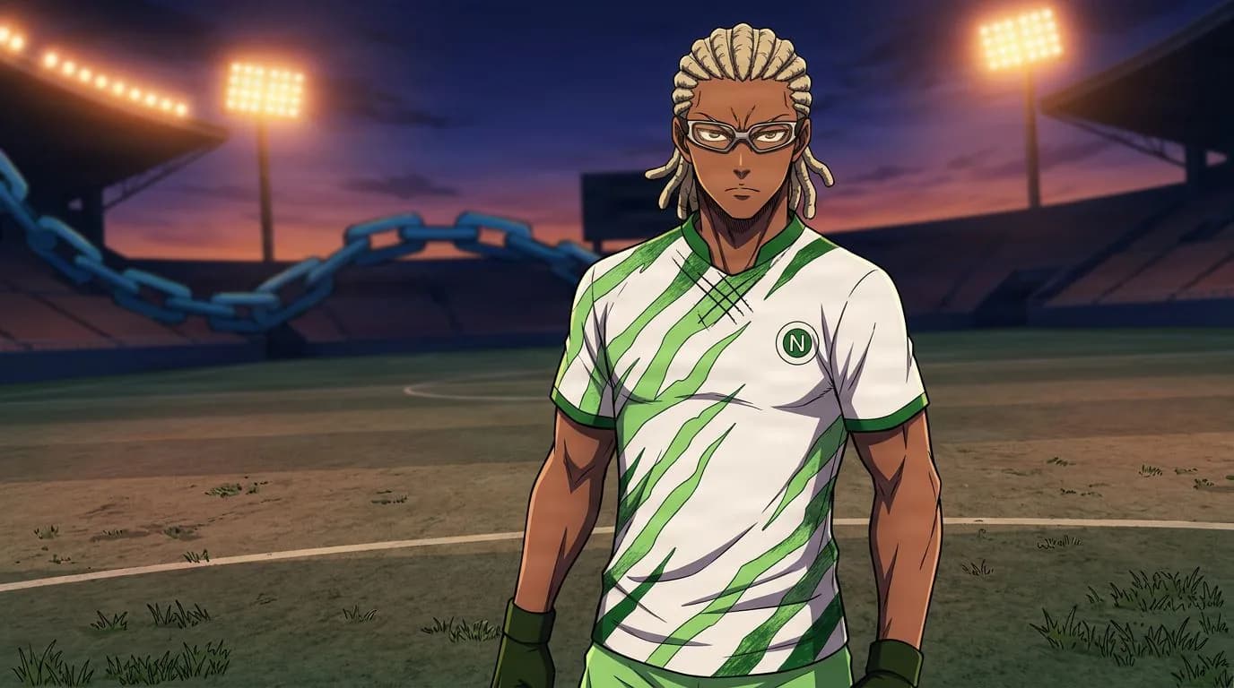 Anime-style portrait of Godwin Kuso from Blue Lock, cel-shaded, soccer atmosphere