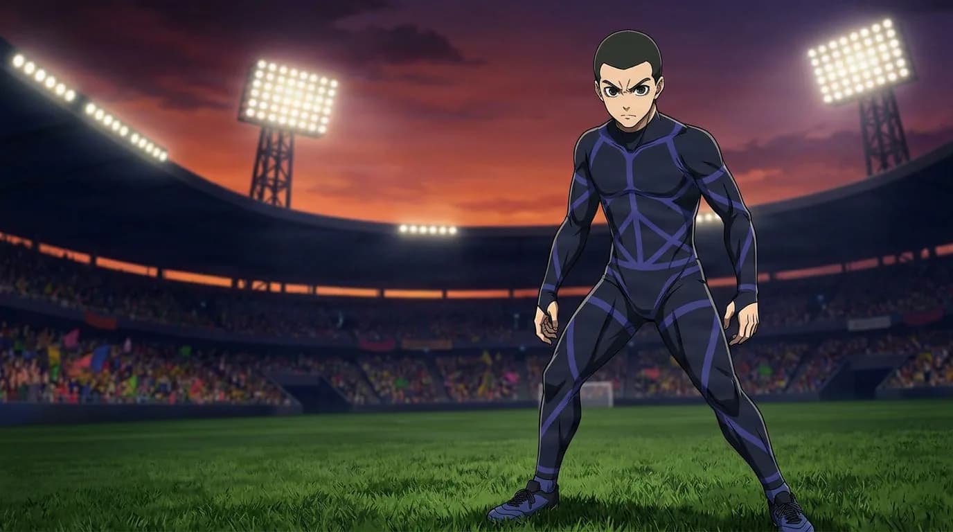 بورتريه بأسلوب الأنمي لشخصية Gurimu Igarashi من بلو لوك، بتظليل خلوي، بأجواء كرة القدم